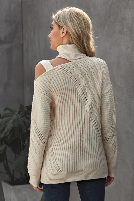 Women's Apricot Strapped Cut out Shoulder Turtleneck Sweater