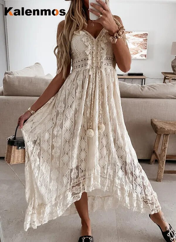 Long Dress Women Casual Dresses Maxi Vestidos Sleeveless Tassel Lace