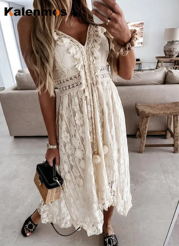 Long Dress Women Casual Dresses Maxi Vestidos Sleeveless Tassel Lace