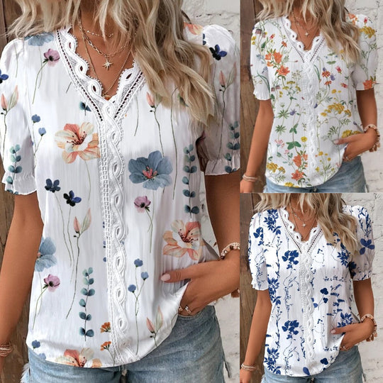 Summer V-neck Lace Patchwork Printed Shirt