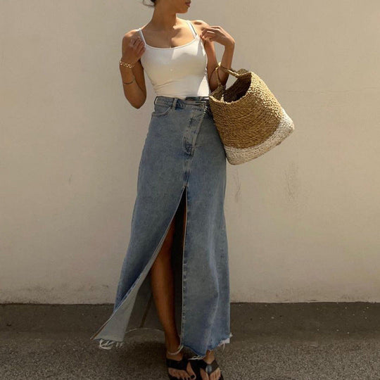 Fashionable High Waist Split Denim Skirt