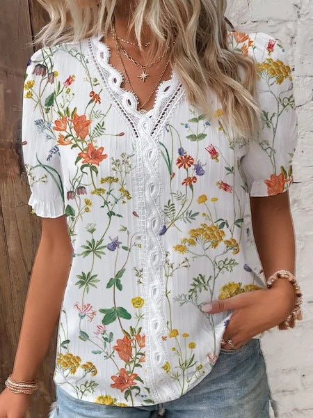 Summer V-neck Lace Patchwork Printed Shirt