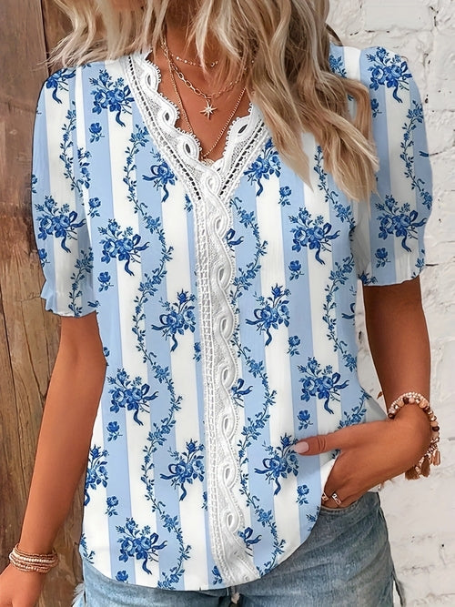 Summer V-neck Lace Patchwork Printed Shirt