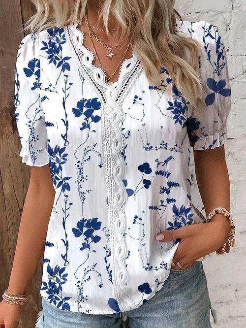 Summer V-neck Lace Patchwork Printed Shirt