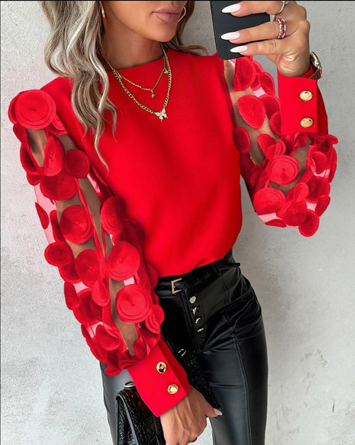 Autumn long sleeved fashionable round neck petal sleeve shirt shirt