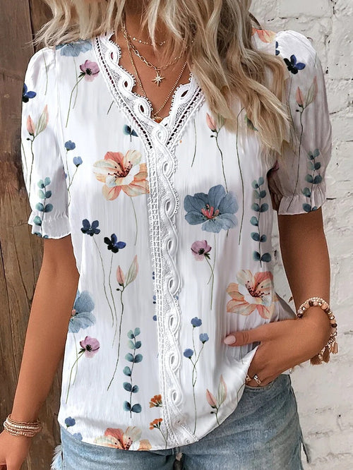 Summer V-neck Lace Patchwork Printed Shirt