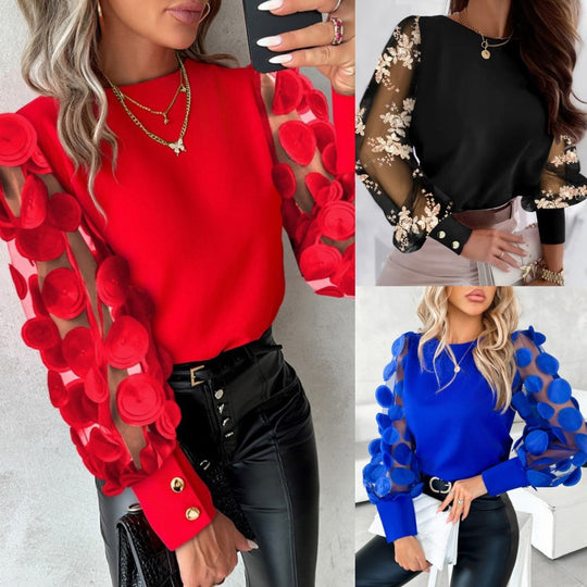 Autumn long sleeved fashionable round neck petal sleeve shirt shirt