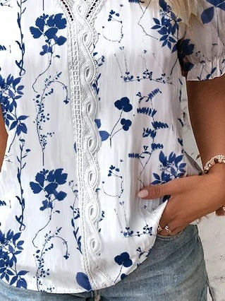 Summer V-neck Lace Patchwork Printed Shirt