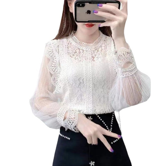 Solid Color Mesh Long Sleeve Bubble Sleeve Lace Blouse