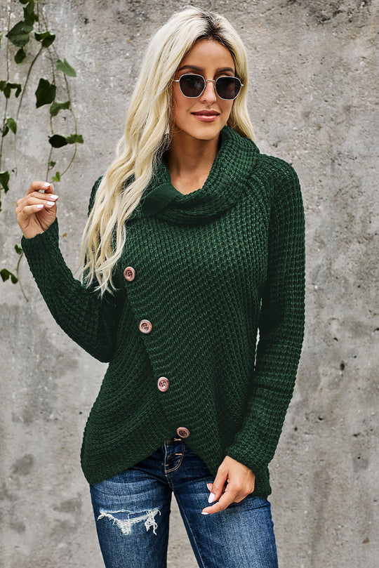 Olive Green Buttoned Wrap Turtleneck Sweater