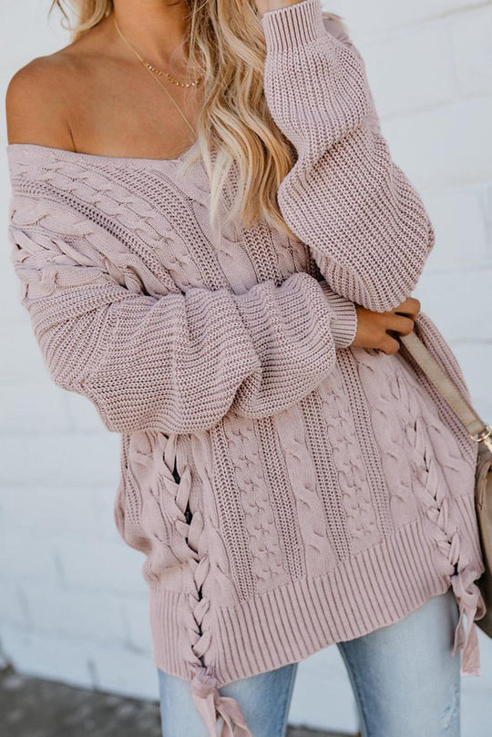 Pink Love Letters Lace Up Cable Knit Sweater