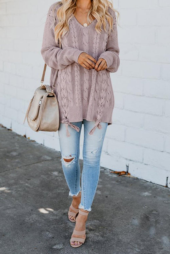 Pink Love Letters Lace Up Cable Knit Sweater
