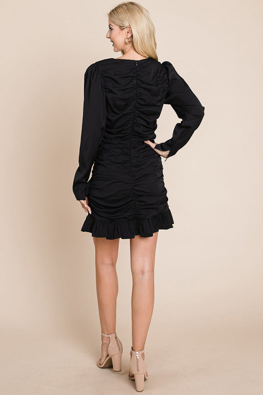 ong Sleeve Ruched Frill Hem Mini Dress