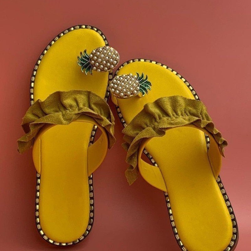 Pineapple Pearl Beach Slides Flat Toe Casual Womens Slippers