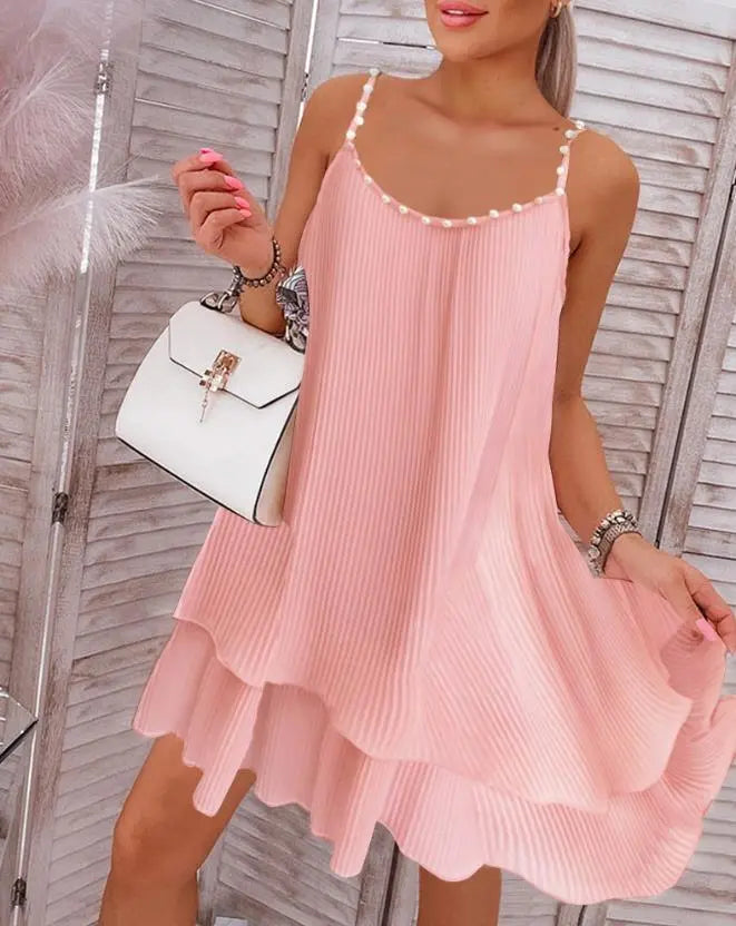 Women's Dresses Summer Fashion Layered Pearls Strap Pleated Casual