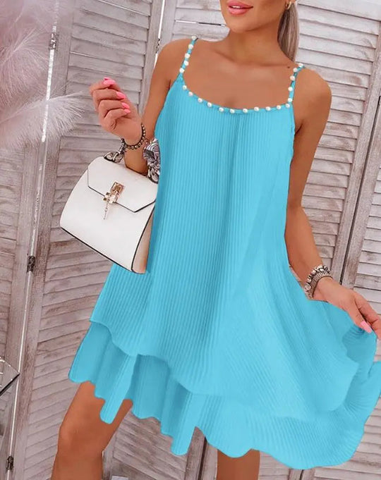 Women's Dresses Summer Fashion Layered Pearls Strap Pleated Casual