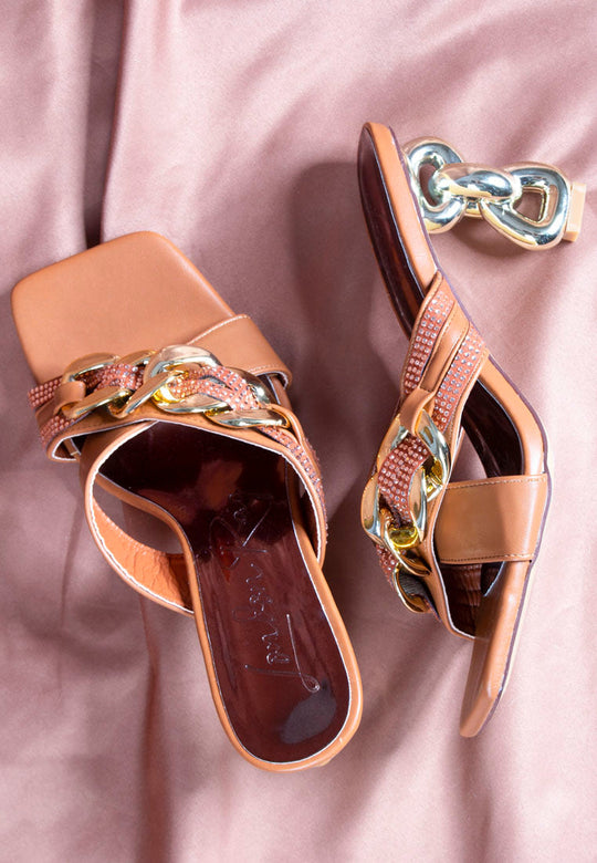 evelane metallic chain rhinestone sandals