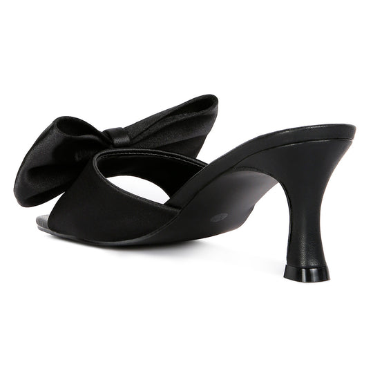 Black Satin Bow Kitten Heel Sandals