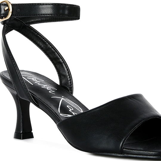 Black Mid Heel Ankle Strap Sandals