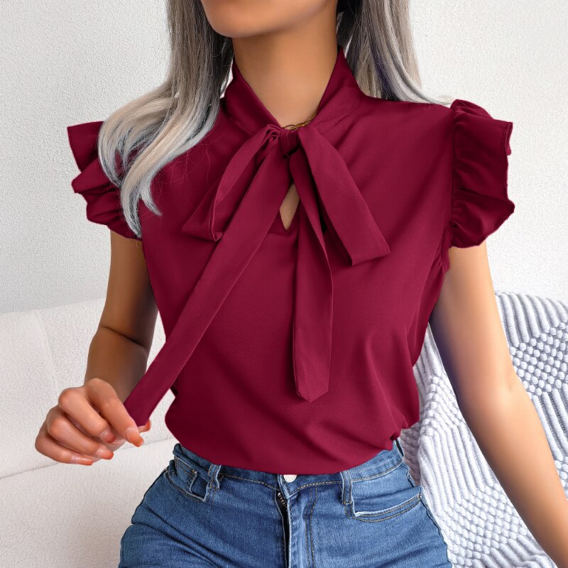 Sleeveless Summer Bow Collar Chiffon Blouse