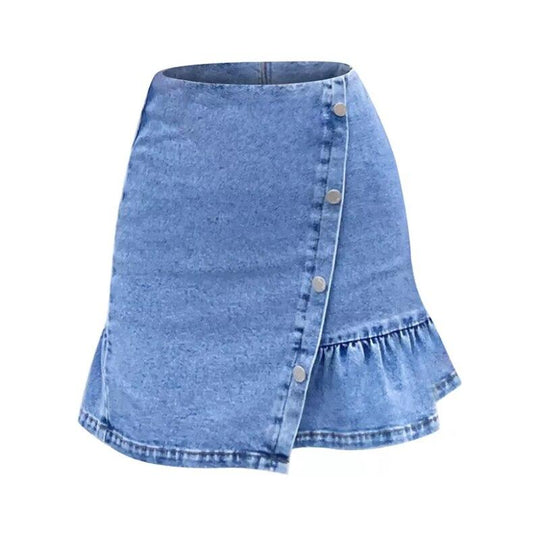 Women Irregular Ruffles Mini Denim Skirt 2021 Summer Casual High Waist