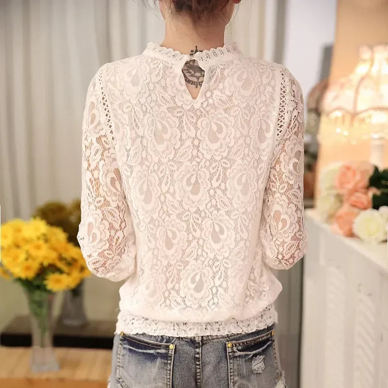 Women Long Sleeve Chiffon Lace Blouse Spring Autumn Elegant New Tops