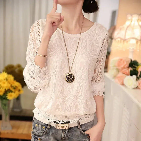 Women Long Sleeve Chiffon Lace Blouse Spring Autumn Elegant New Tops