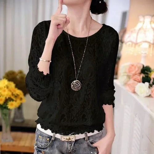 Women Long Sleeve Chiffon Lace Blouse Spring Autumn Elegant New Tops