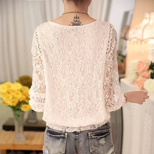 Women Long Sleeve Chiffon Lace Blouse Spring Autumn Elegant New Tops