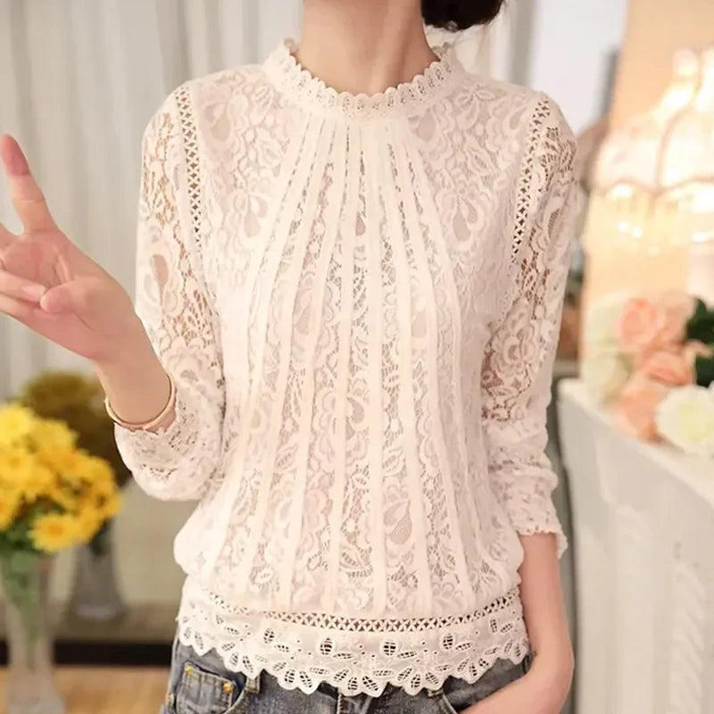 Women Long Sleeve Chiffon Lace Blouse Spring Autumn Elegant New Tops