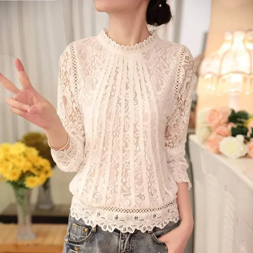 Women Long Sleeve Chiffon Lace Blouse Spring Autumn Elegant New Tops