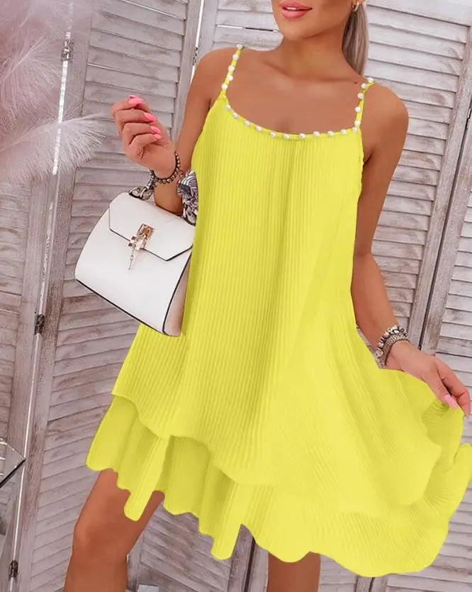 Women's Dresses Summer Fashion Layered Pearls Strap Pleated Casual