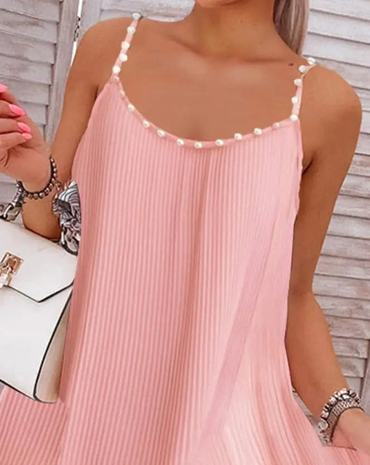 Women's Dresses Summer Fashion Layered Pearls Strap Pleated Casual