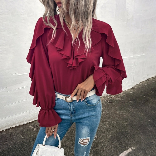 Casual Ruffled V-Neck Full Sleeve Shirt