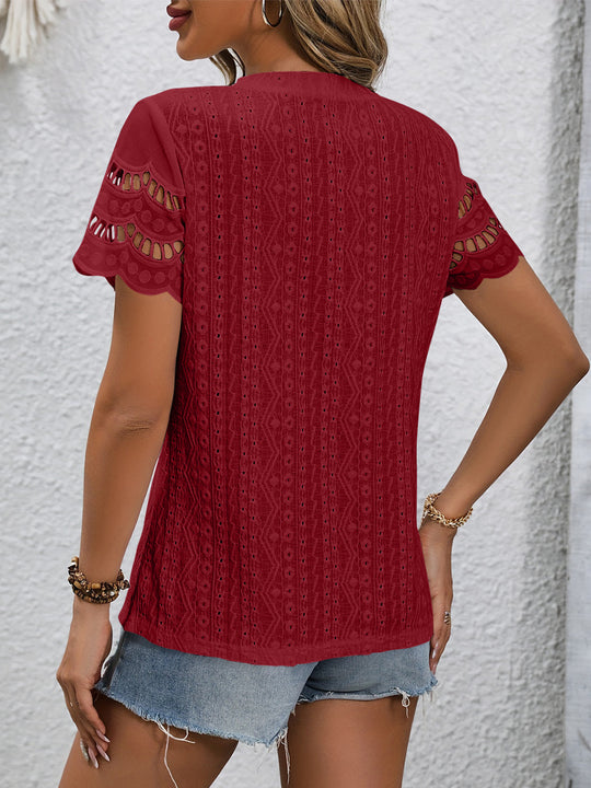 Full Size Eyelet Round Neck Short Sleeve Top