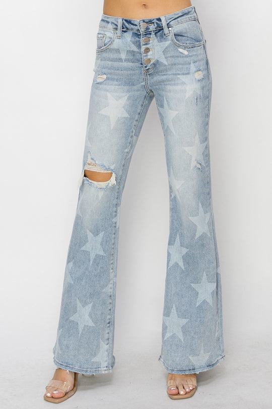 RISEN Mid Rise Button Fly Start Print Flare Jeans