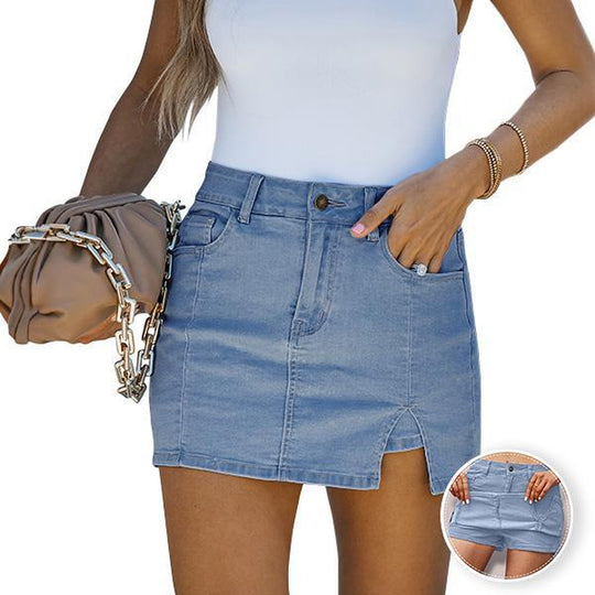 Luvamia Skorts Skirts for Women Denim Mini Skirt Side Slit with High Waisted Jean Shorts Stretchy