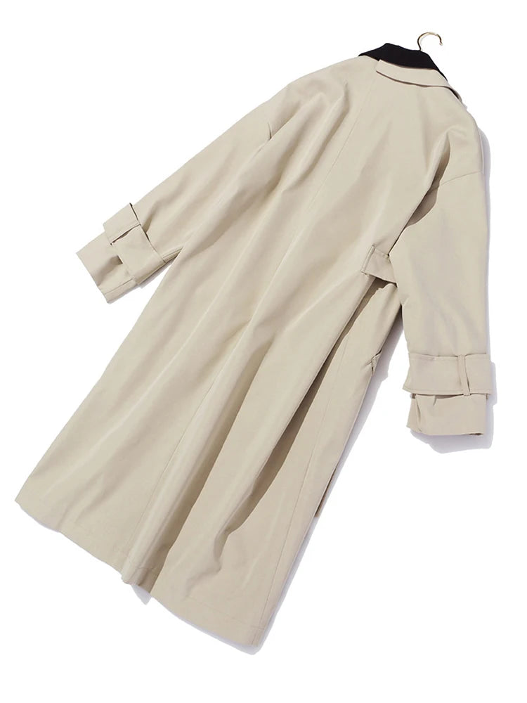 [EAM] Women Khaki Big Size Asymmetrical Trench New Lapel Long