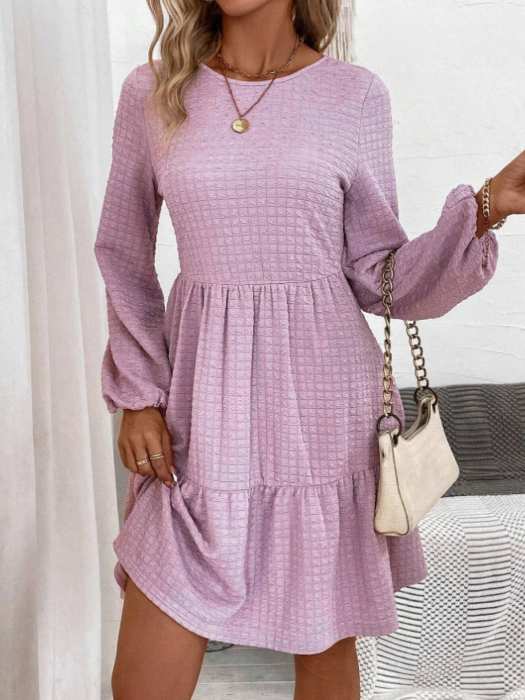 Round Neck Long Sleeve Mini Dress