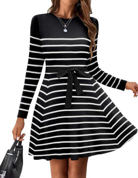 HOTOUCH Women'S Fall Winter Casual Dress Crewneck Long Sleeve A-Line Sweater Dress Bodycon Ribbed Knit Dress with Belt Fabric Fit Womenswear Birthday Bag Coat Fashion Festival Slim Spring