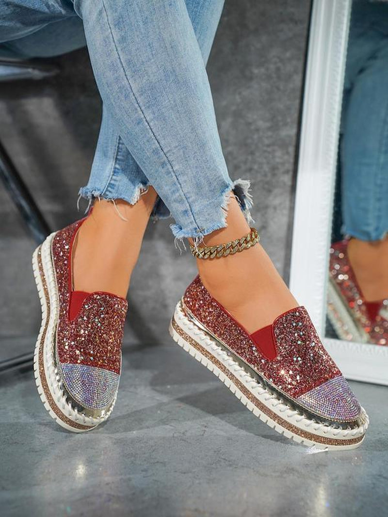 Women'S Fashionable Rhinestone Decorated Slip on Lightweight Shoes, Casual Comfortable Breathable Platform Shoes, All-Match Commuter Shoes for Work & Daily Wear