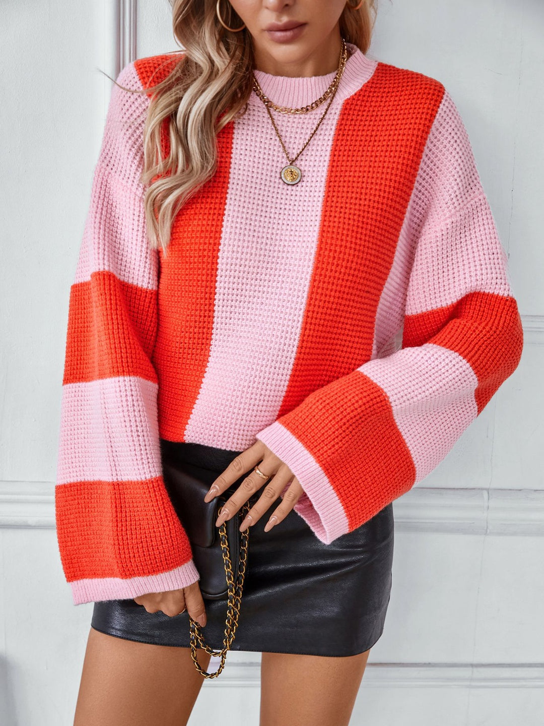 Color Block Round Neck Long Sleeve Sweater