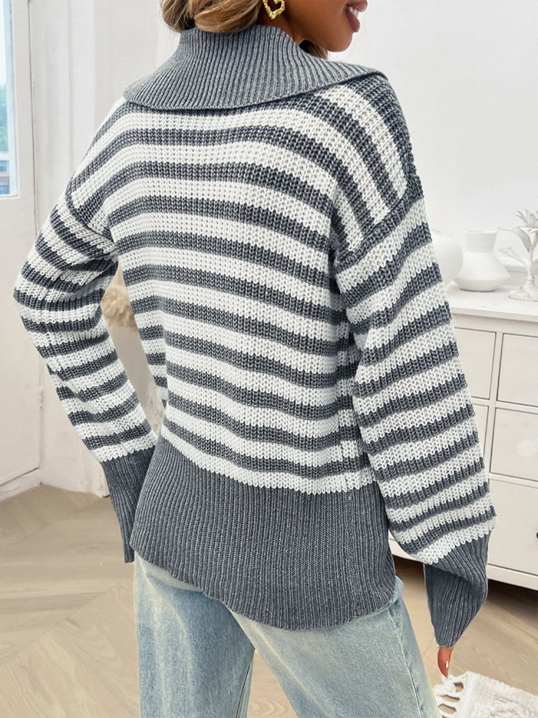 Striped Collared Neck Long Sleeve Sweater