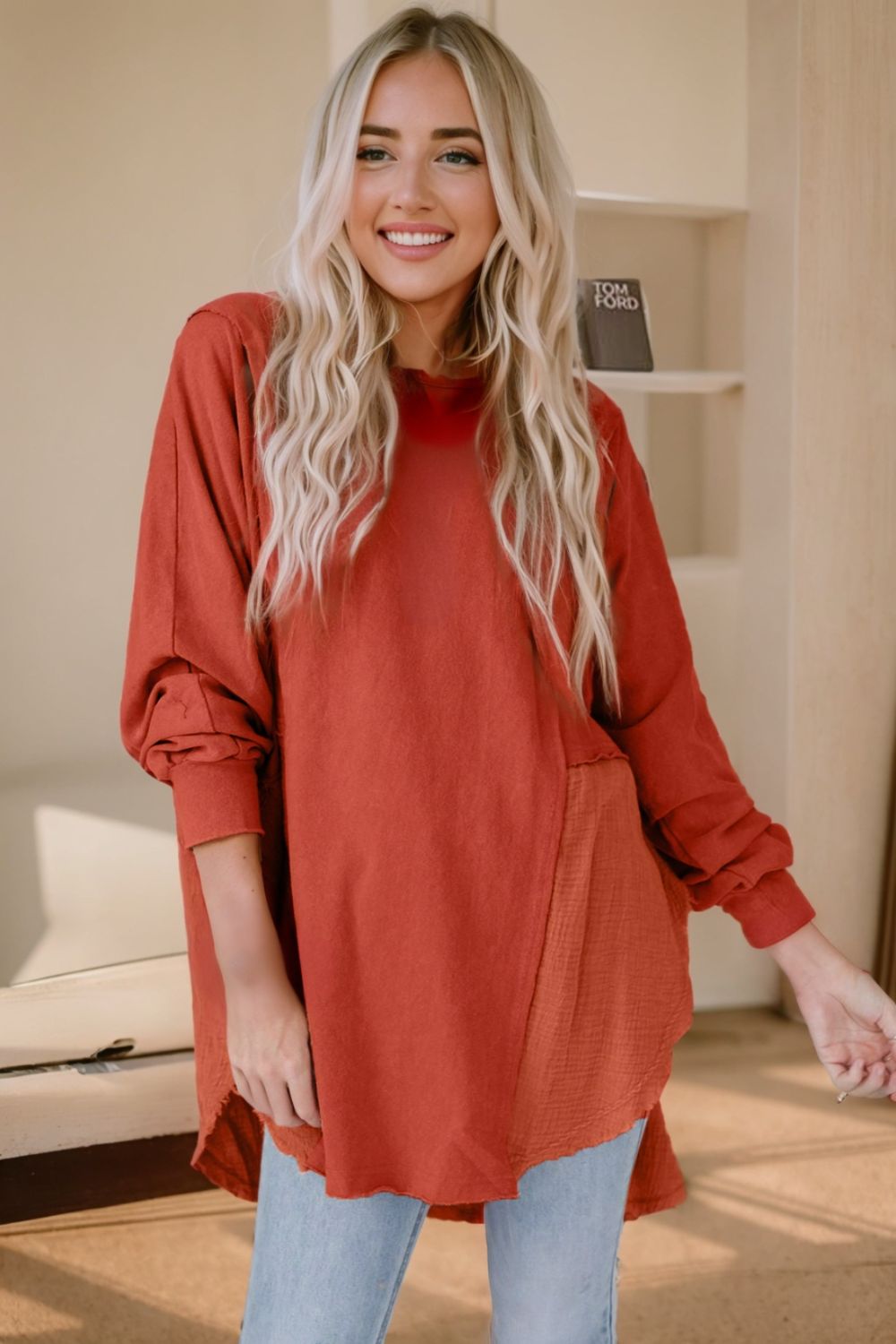 contrast texture round neck long sleeve blouse