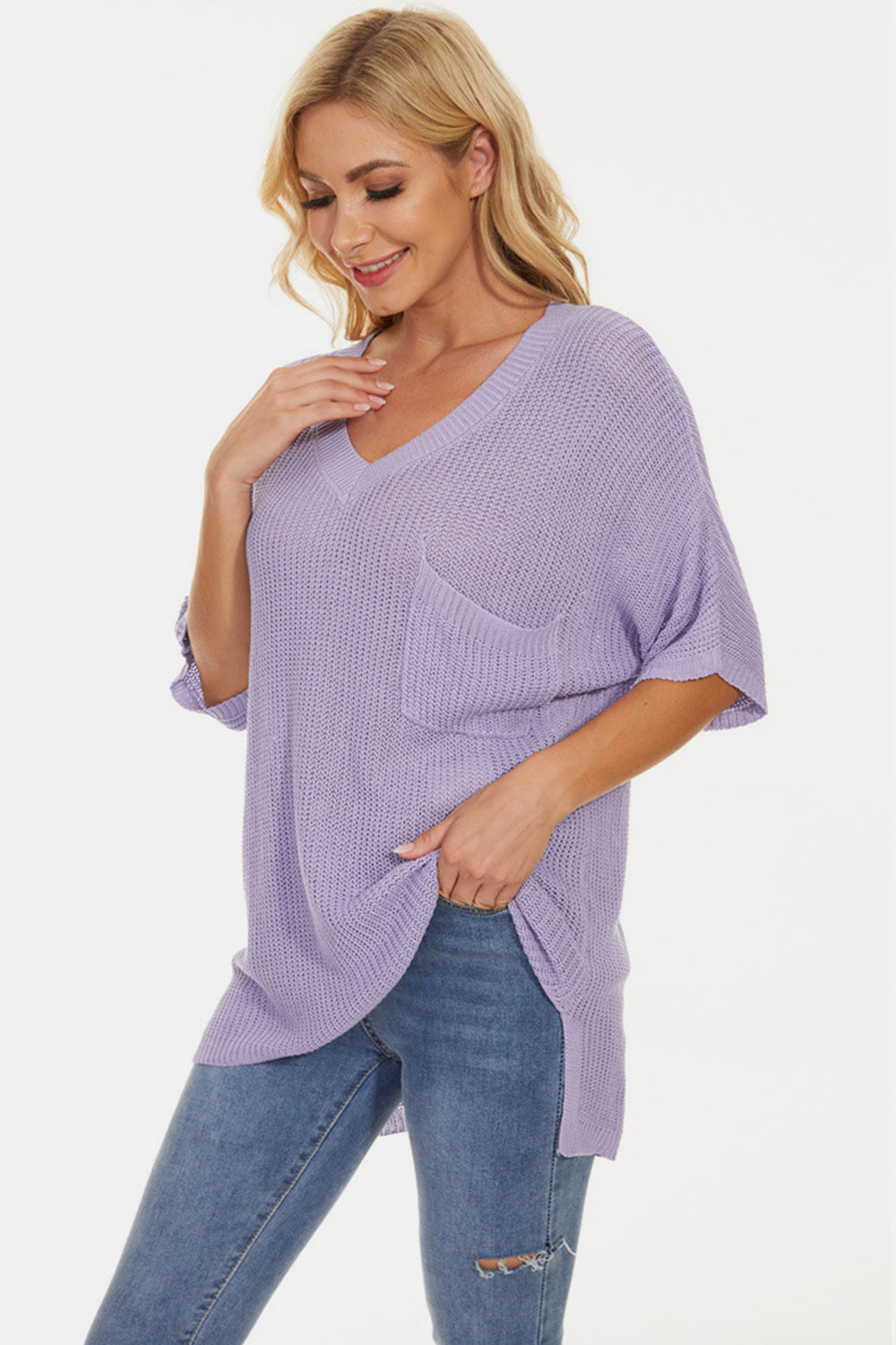 Pocketed V-Neck Half Sleeve Knit Top