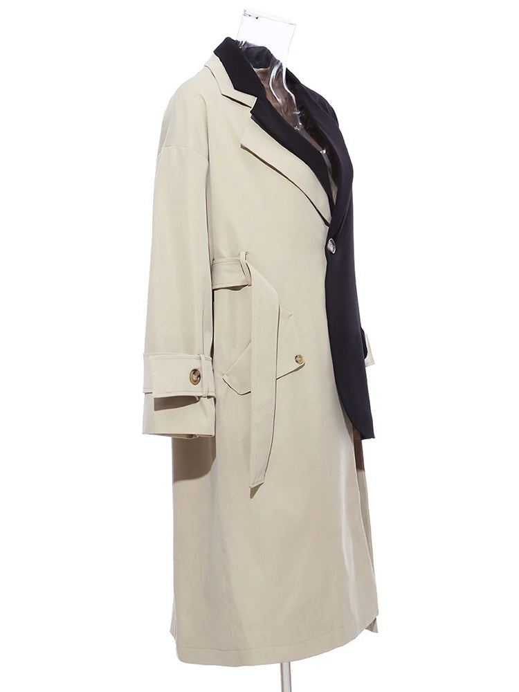 [EAM] Women Khaki Big Size Asymmetrical Trench New Lapel Long