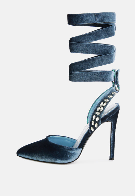 Wallis Blue Velvet Diamante Stud Tie Up Sandals