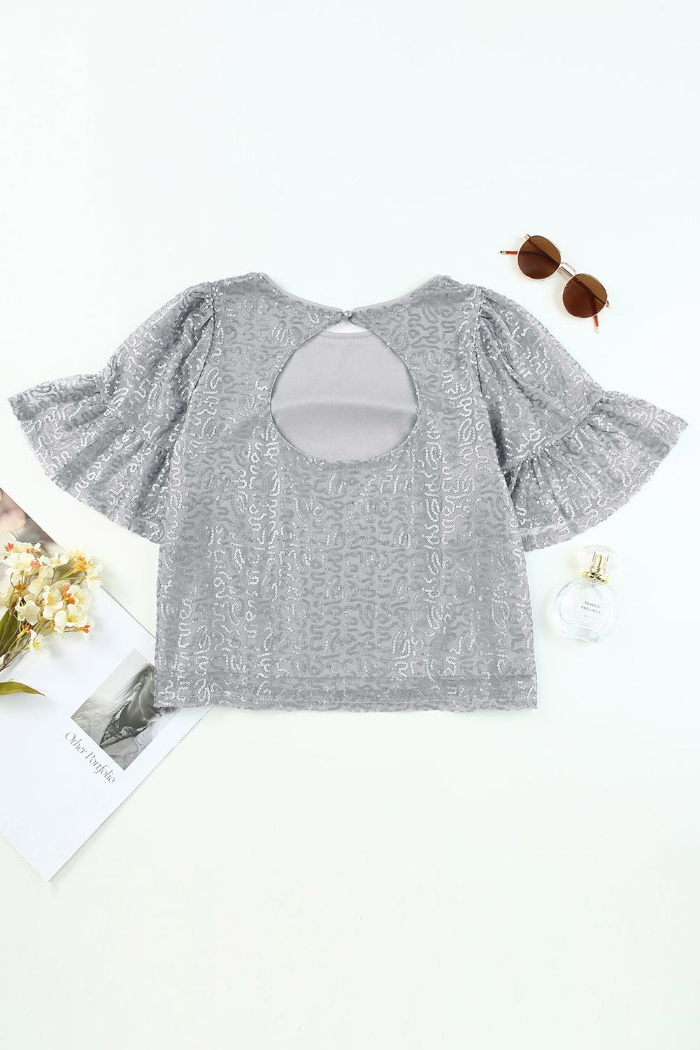 Sequin Cutout Round Neck Blouse