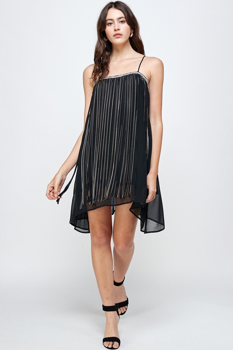 Chiffon A-Line Mini Dress with Metallic Fringe Detail