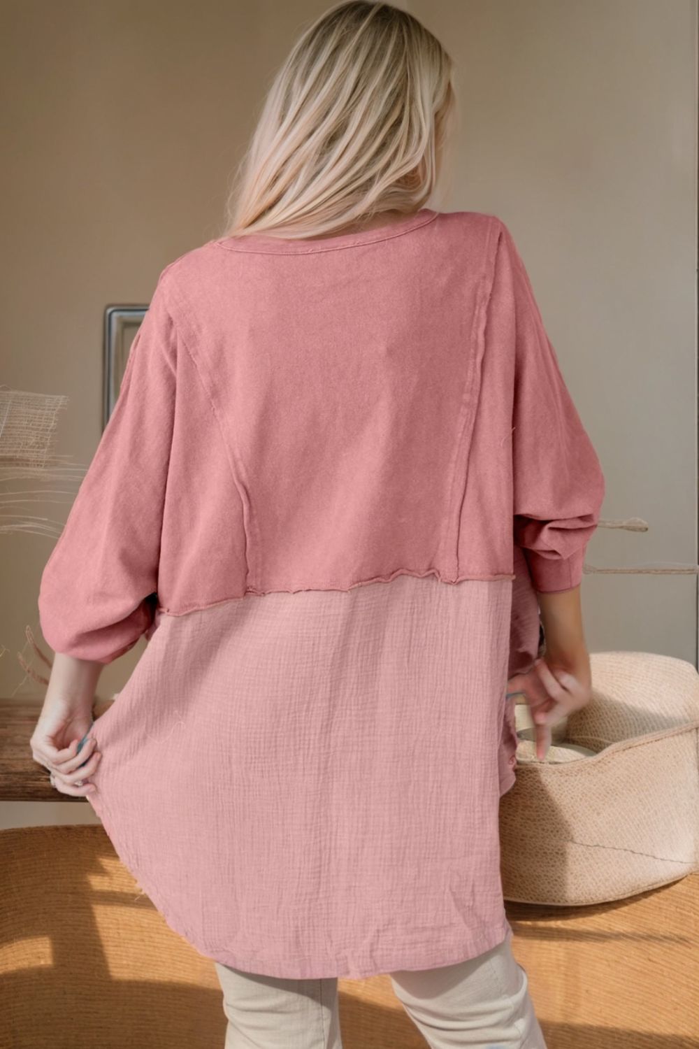 contrast texture round neck long sleeve blouse